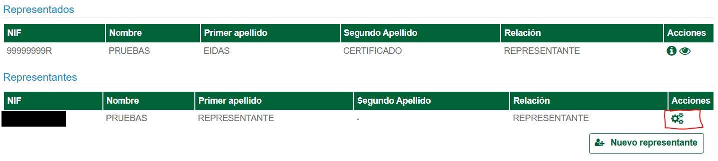 Tablas de representados y representantes, con columna Acciones e icono para ver el detalle de los representantes