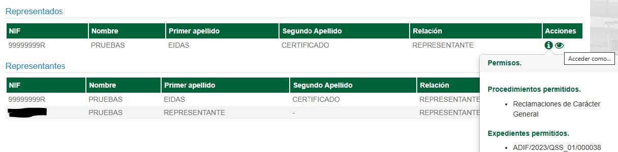 Tablas de representados y representantes, con columna Acciones e iconos para ver los permisos y cambio de rol de los representados (icono Acceder como…)